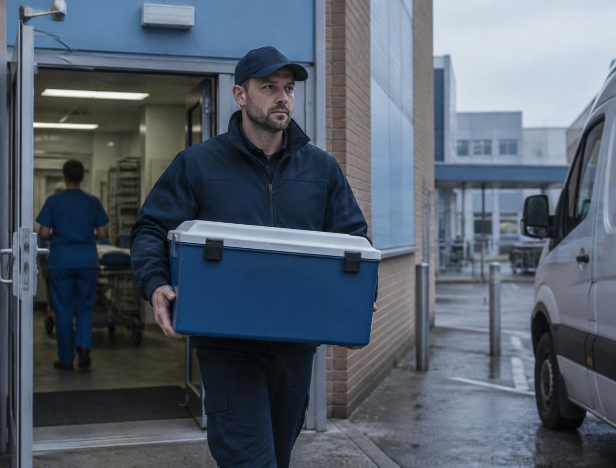 Courier carrying a temperature-controlled medical transport box