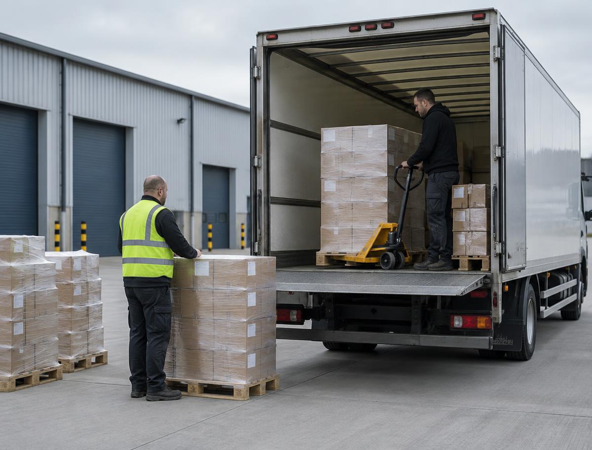 Pallets and parcels being loaded into a tail lift van