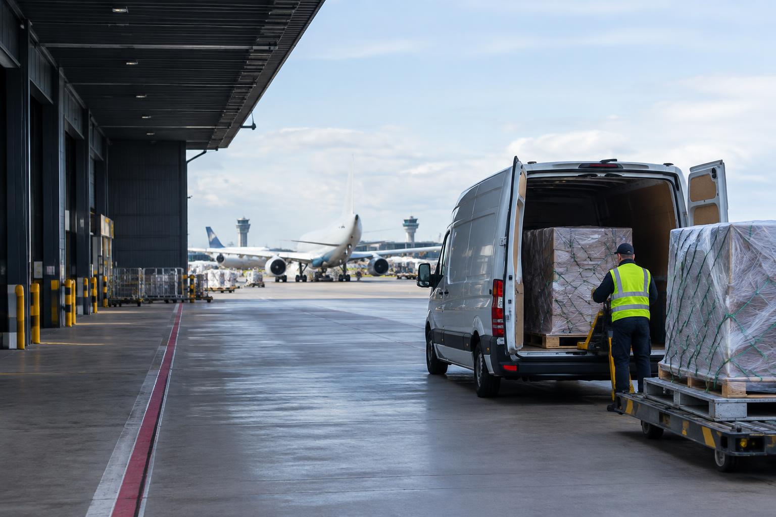 Road freight vehicle and wrapped pallets at an airport cargo terminal