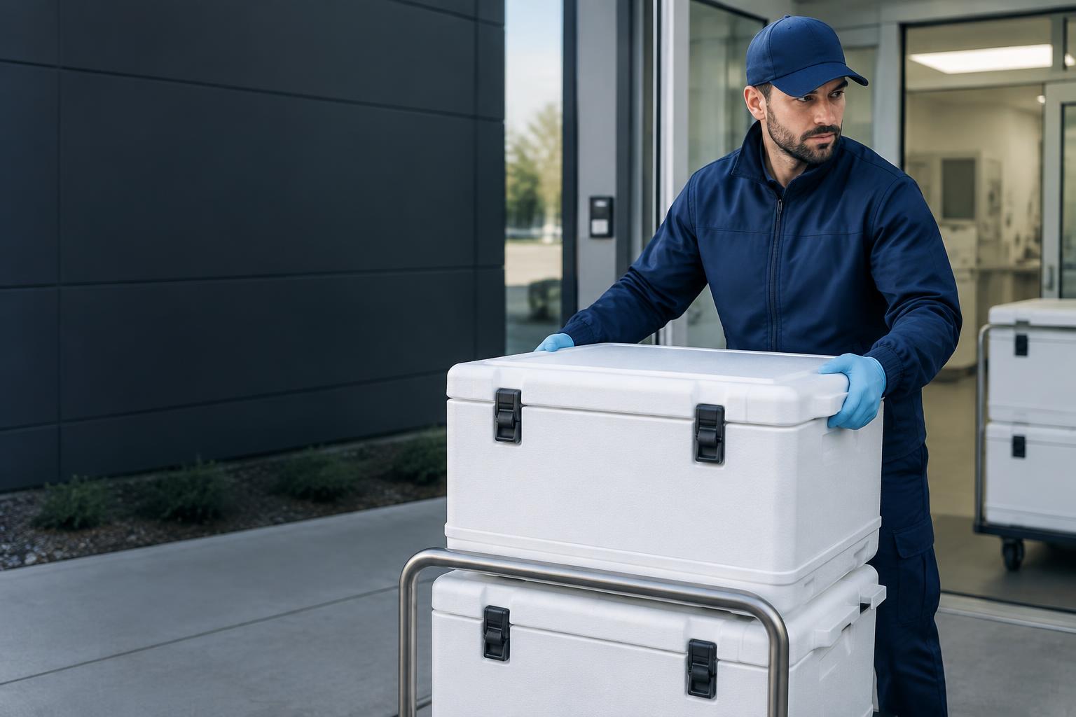 Courier handling closed insulated transport containers at a laboratory