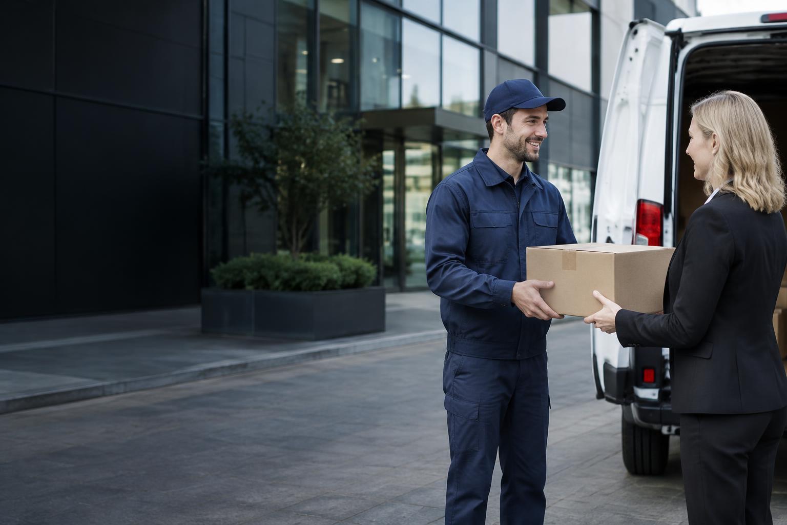 Courier handing a parcel to a business recipient beside a delivery van